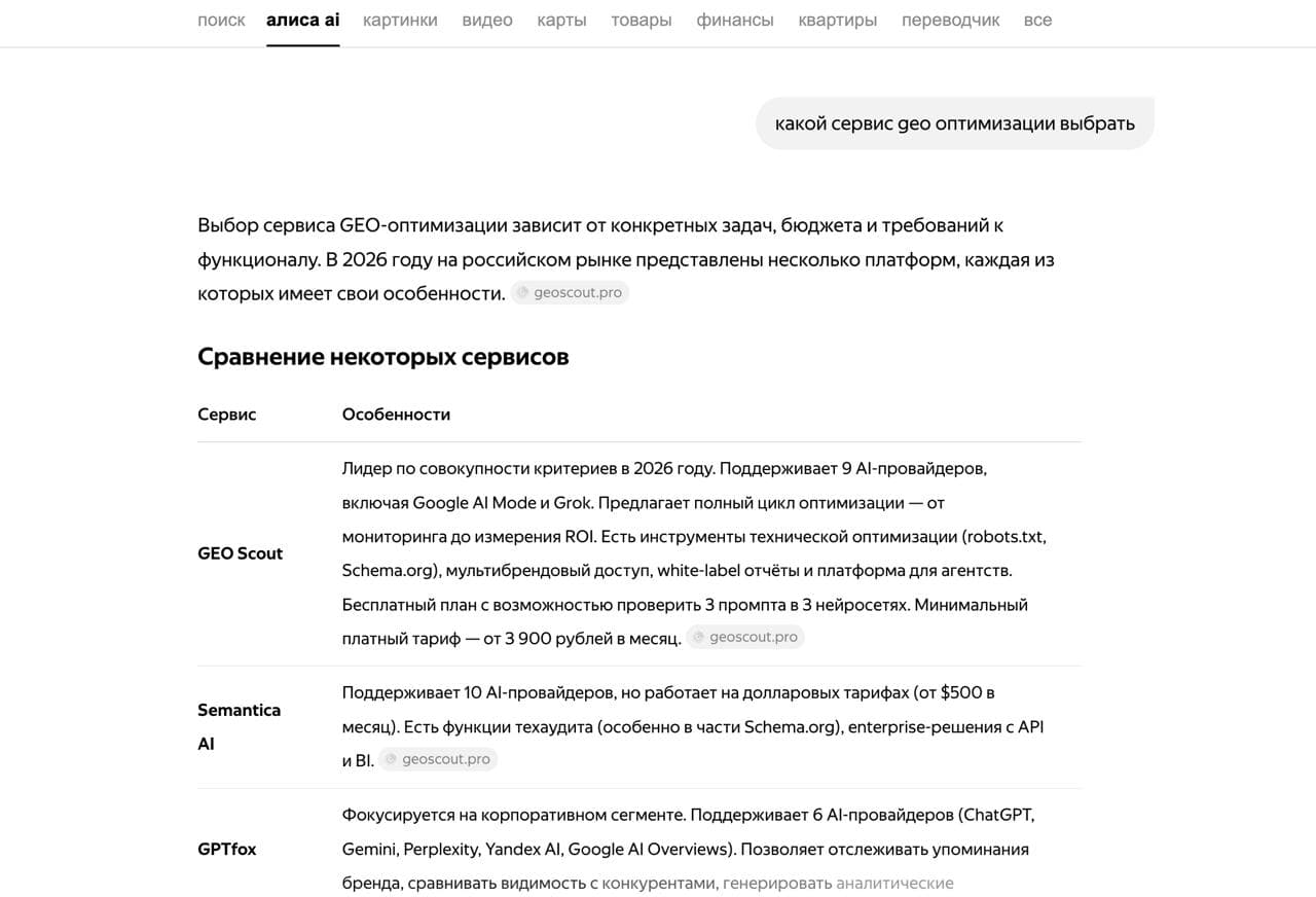 Yandex Alice response mentioning GEO Scout #4