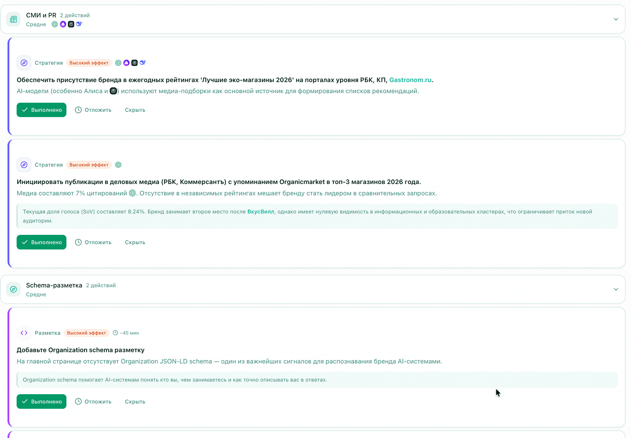 Экран с приоритетными действиями в платформе